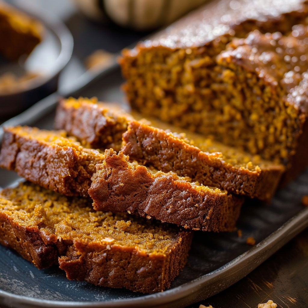 A loaf of golden-brown pumpkin bread with a crunchy streusel topping on a wooden cutting board.