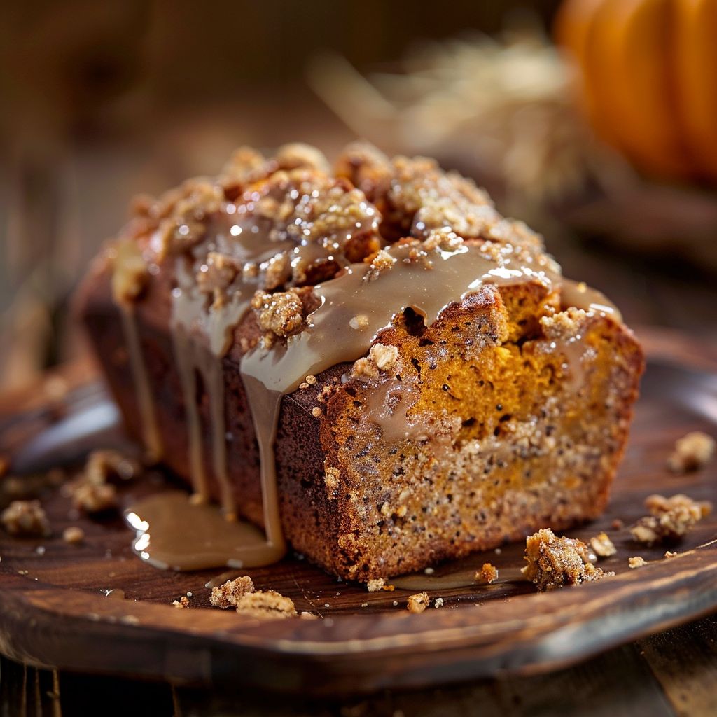 A moist slice of pumpkin bread topped with a shiny maple glaze and a crumbly streusel topping.