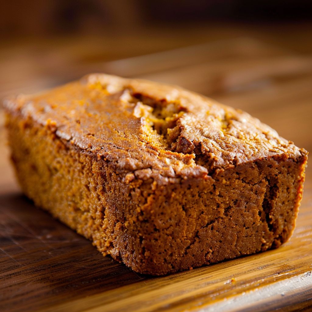 A close-up of moist pumpkin bread topped with brown sugar pecans, showcasing its texture and richness.