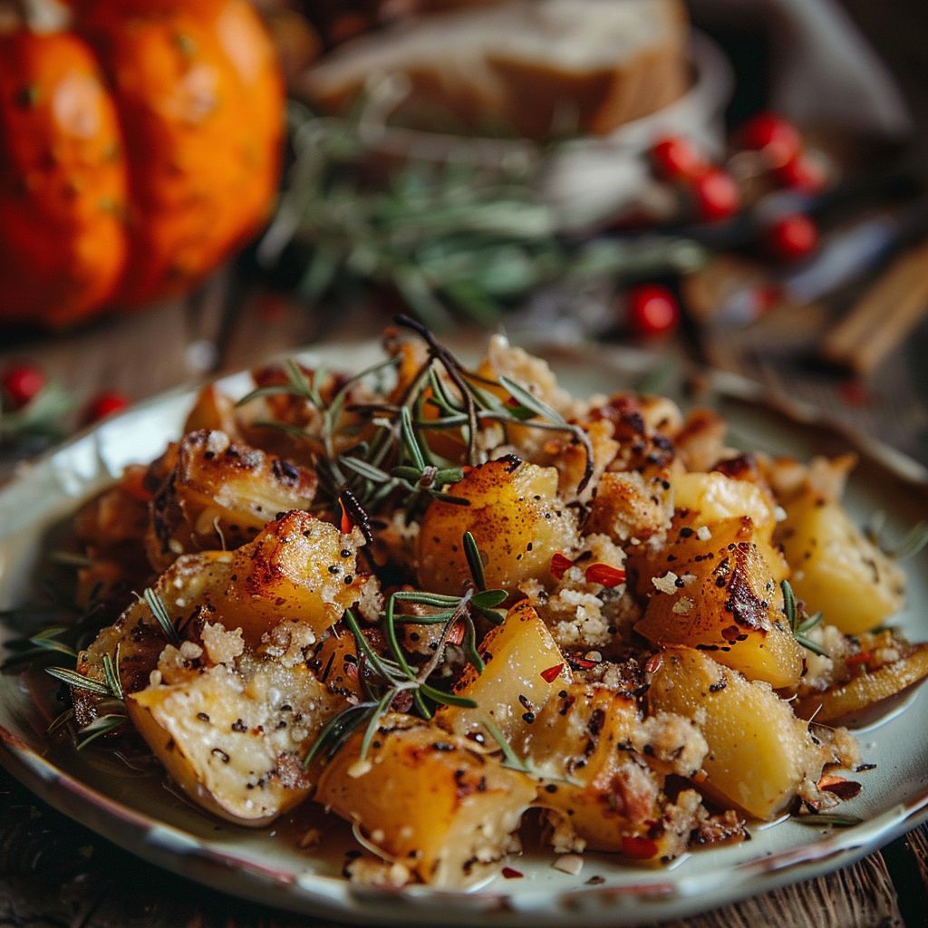 A bowl filled with pumpkin soup garnished with herbs, surrounded by autumn leaves and a cozy knit scarf.