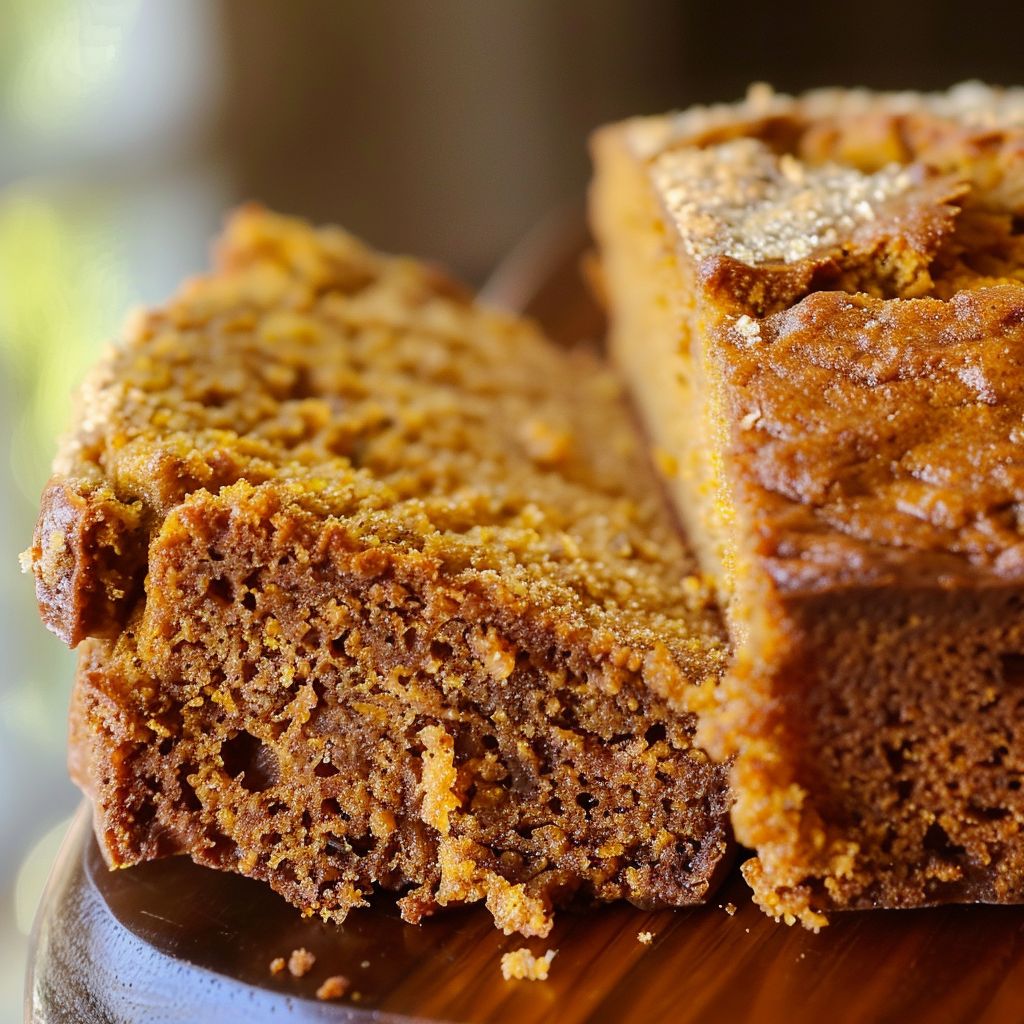 A freshly baked loaf of pumpkin bread on a wooden cutting board, showcasing a golden-brown crust and moist texture.