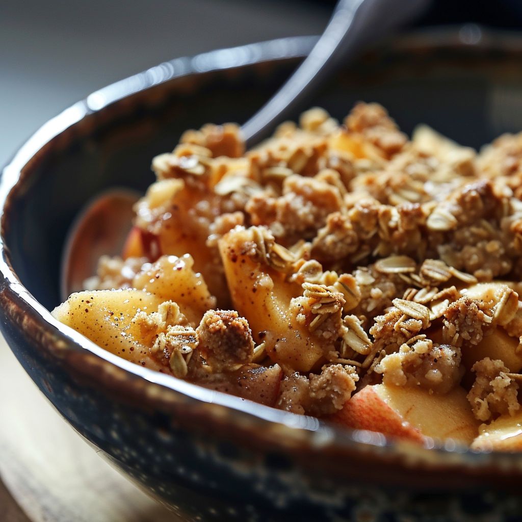 A warm apple crisp dessert topped with a crumbly oat topping in a rustic dish.