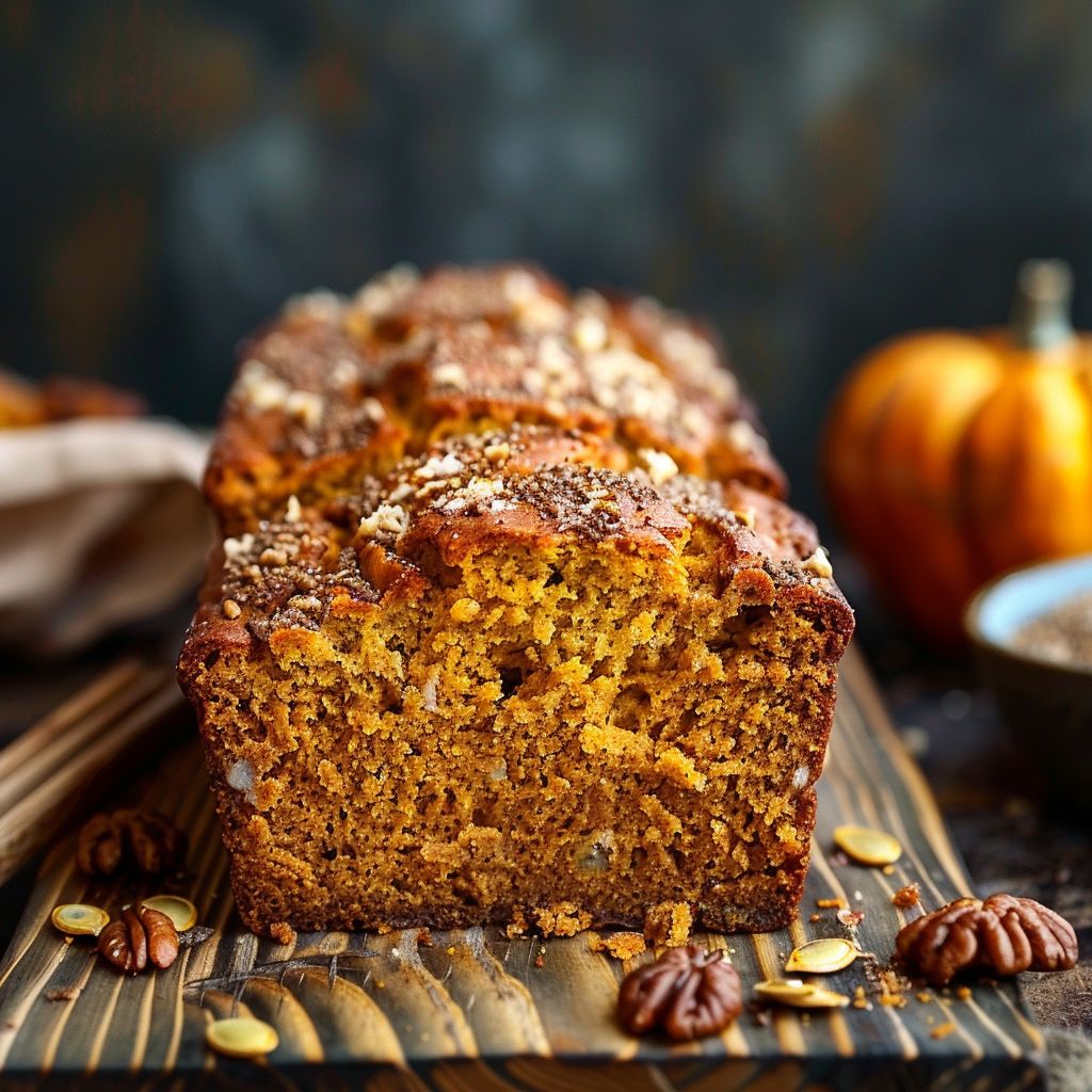 A loaf of moist pumpkin bread on a wooden cutting board, sliced to reveal its soft texture.