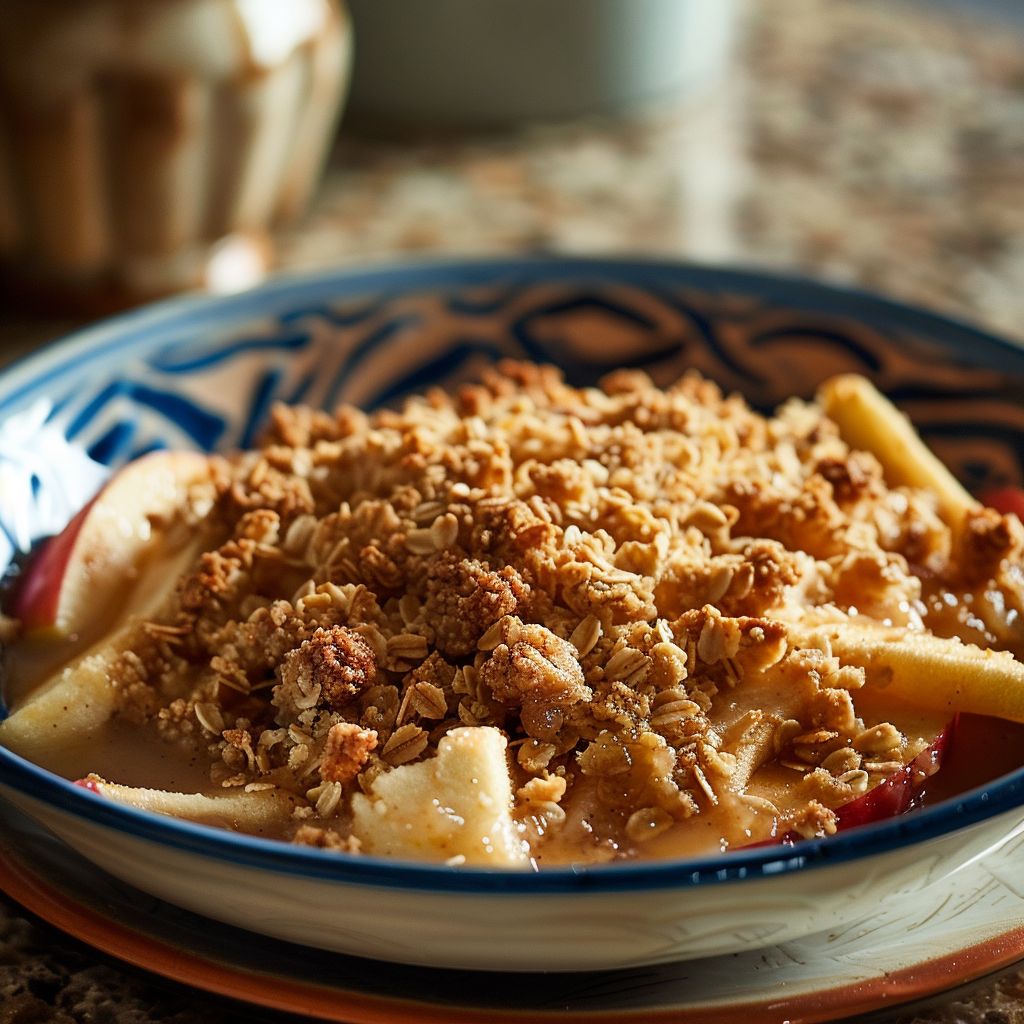 A close-up of a baked apple crisp topped with a golden brown crumble and served in a ceramic dish.