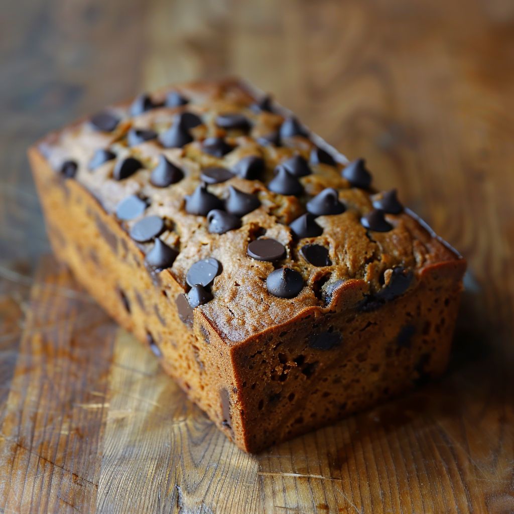 A loaf of moist pumpkin chocolate chip bread on a rustic wooden table.