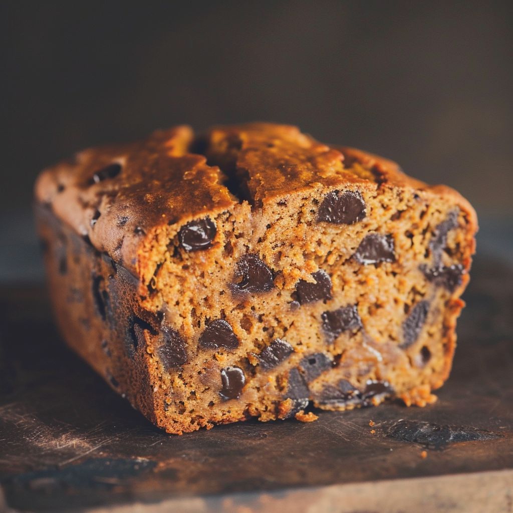 A sliced loaf of moist pumpkin chocolate chip bread with chocolate chips visible.
