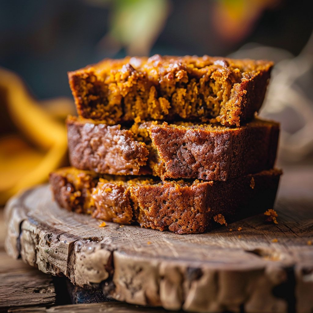 A loaf of freshly baked healthy pumpkin bread on a wooden cutting board, with slices cut and arranged attractively.