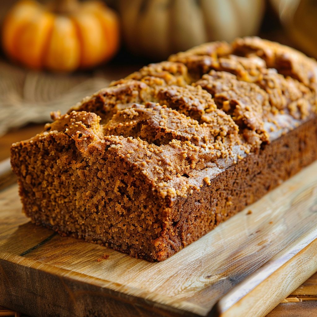A slice of healthy pumpkin bread on a wooden cutting board, showcasing its moist texture.