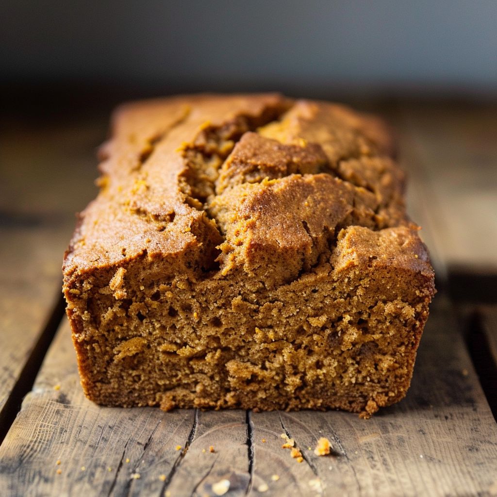 A loaf of healthy pumpkin bread on a wooden cutting board, sliced with a moist texture.