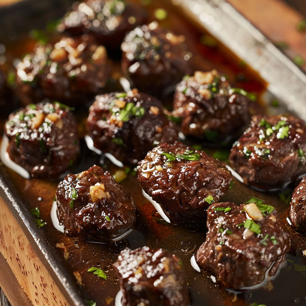 A close-up of tender beef bites cooked in garlic butter, served with diced potatoes.