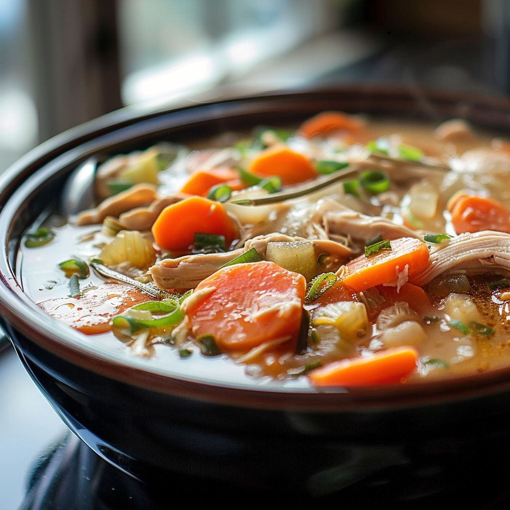 A close-up view of a hearty slow cooker chicken stew, showcasing tender chicken and colorful vegetables in a rich broth.