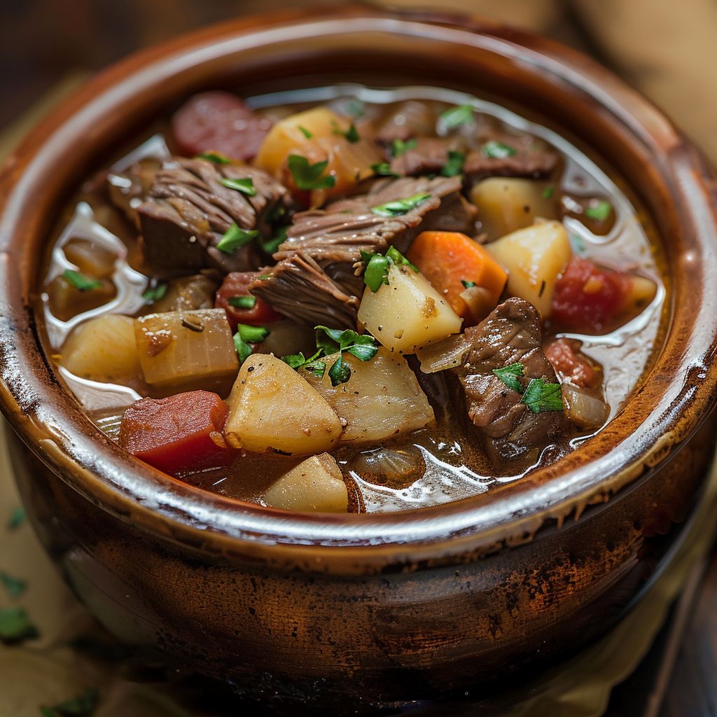 A warm bowl of hearty beef stew featuring tender chunks of meat and colorful vegetables.
