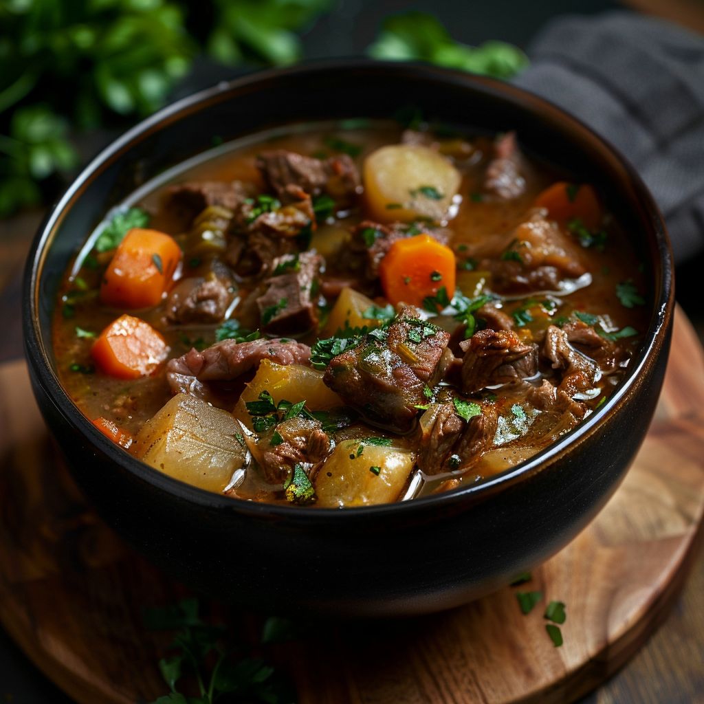 A close-up view of a savory beef stew filled with tender chunks of meat and vegetables.