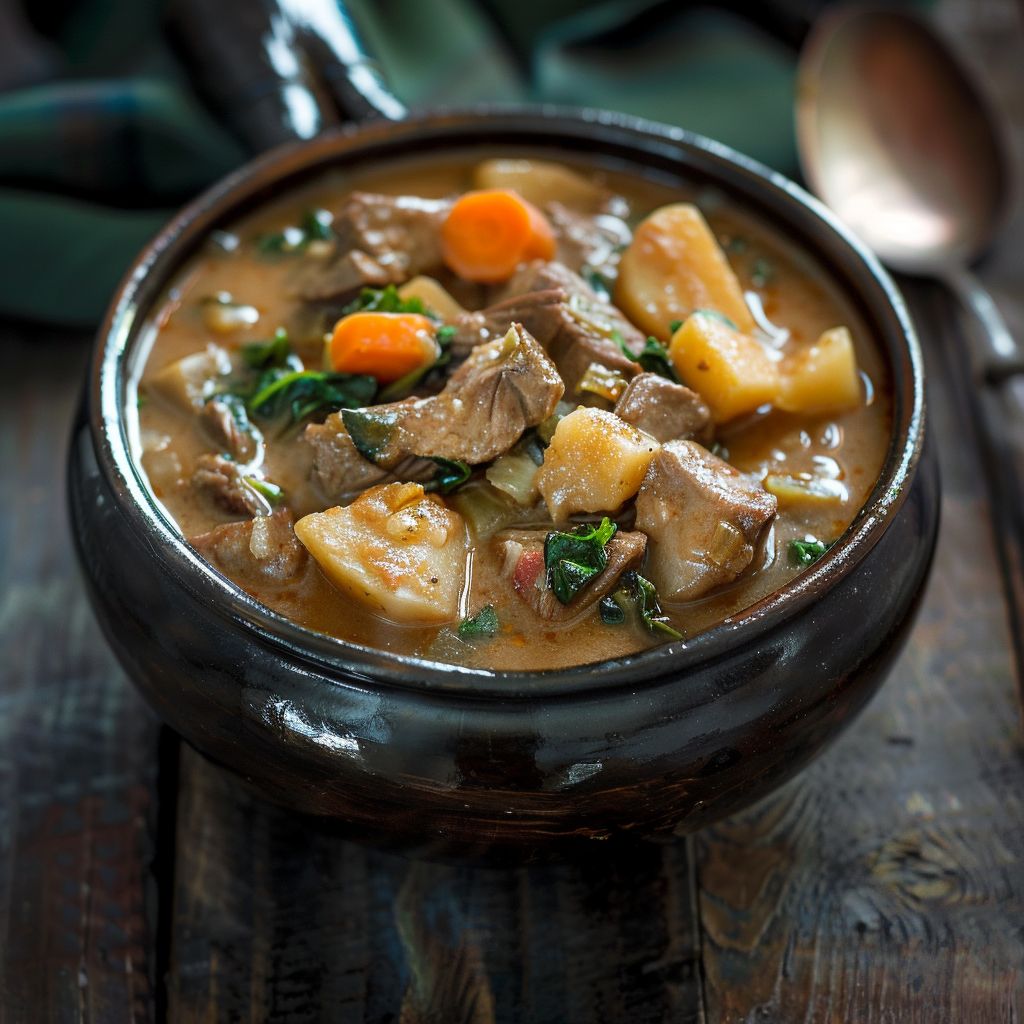 A steaming bowl of hearty beef stew with vegetables.