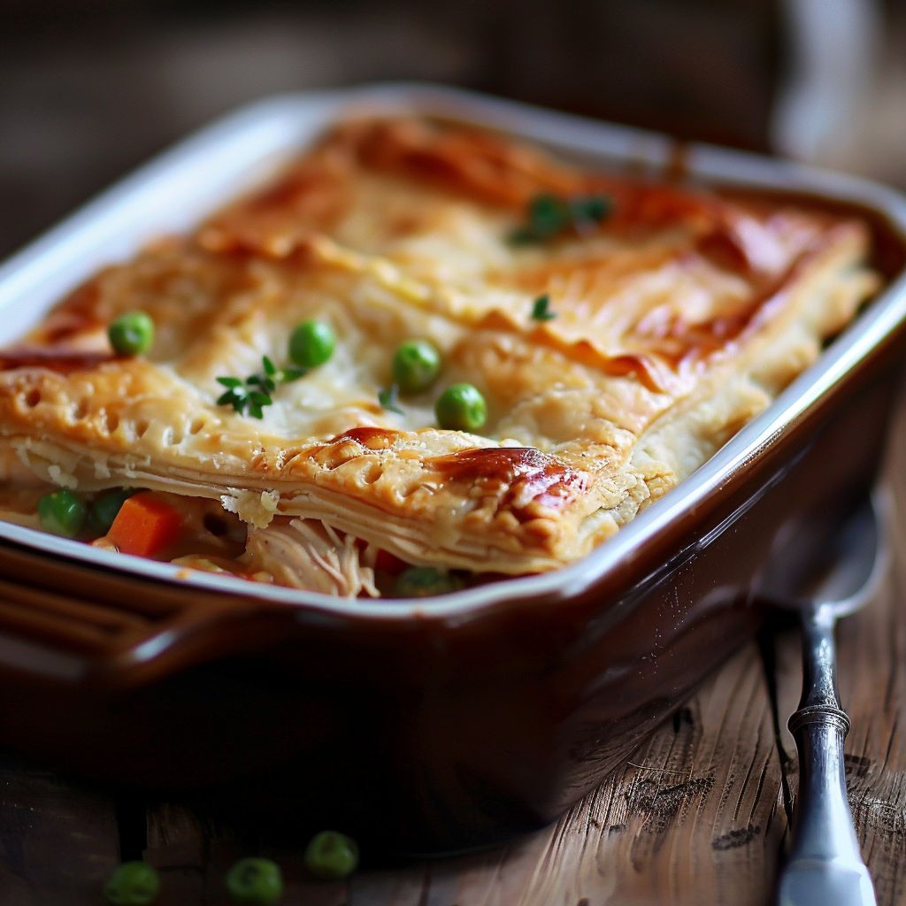 A close-up of a golden-brown chicken pot pie casserole with flaky crust and visible chunks of chicken and vegetables.