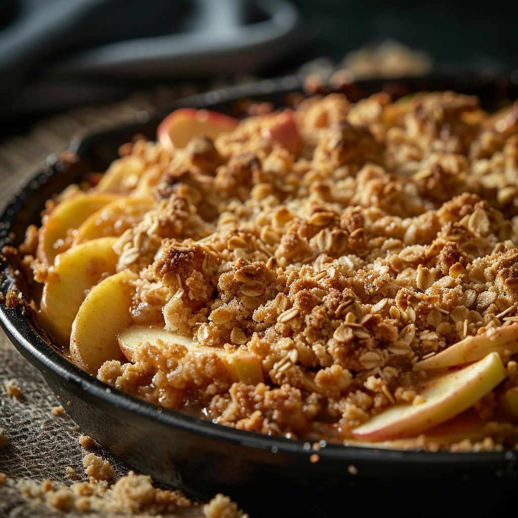 A freshly baked old-fashioned apple crisp in a rustic dish, topped with a golden brown crumble.