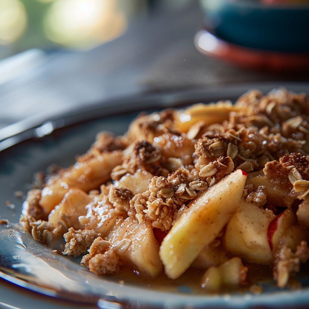 A freshly baked Old-Fashioned Apple Crisp served in a rustic dish, garnished with a scoop of vanilla ice cream.