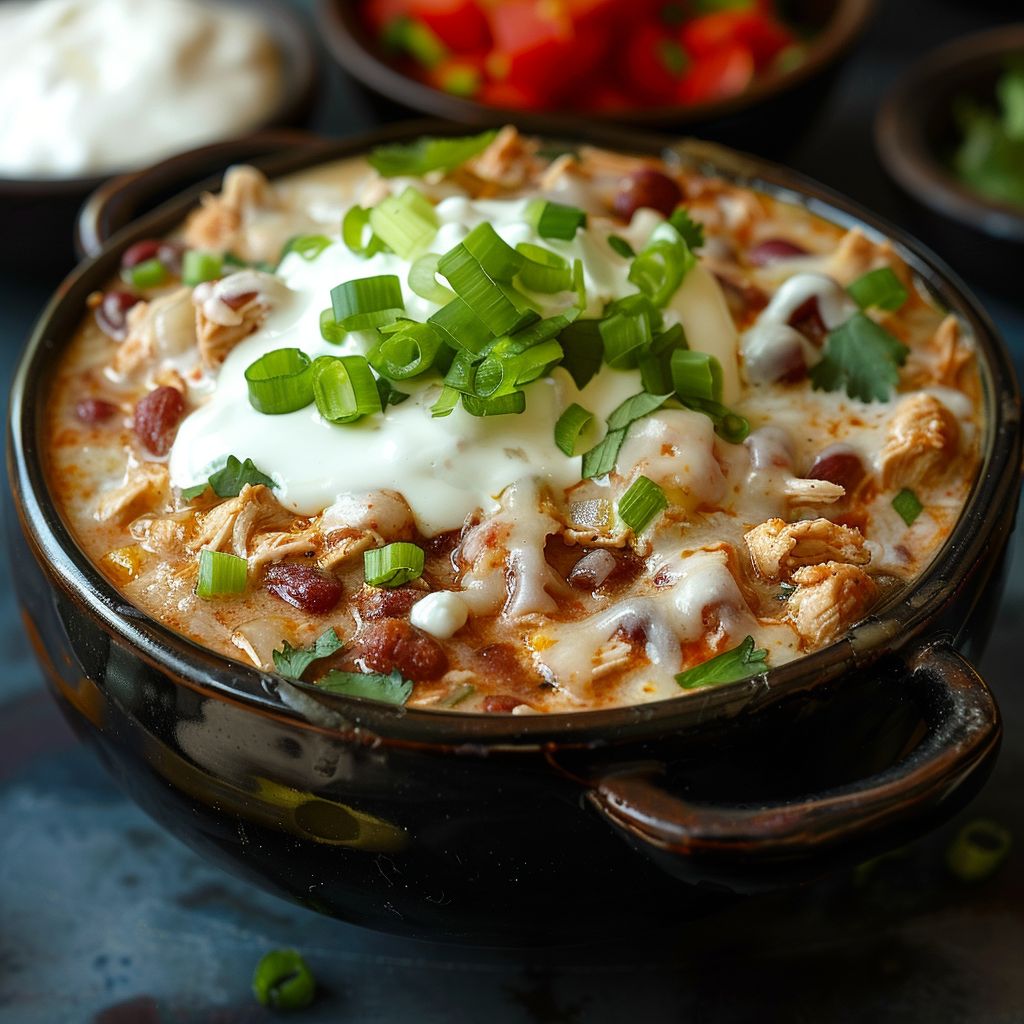 A bowl of creamy white Chicken Chili topped with herbs and served with a spoon.