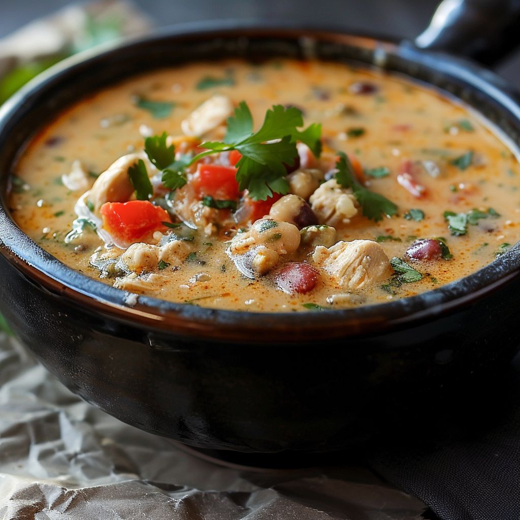 A bowl of creamy chicken chili garnished with chopped herbs, showcasing a rich texture and bright colors.