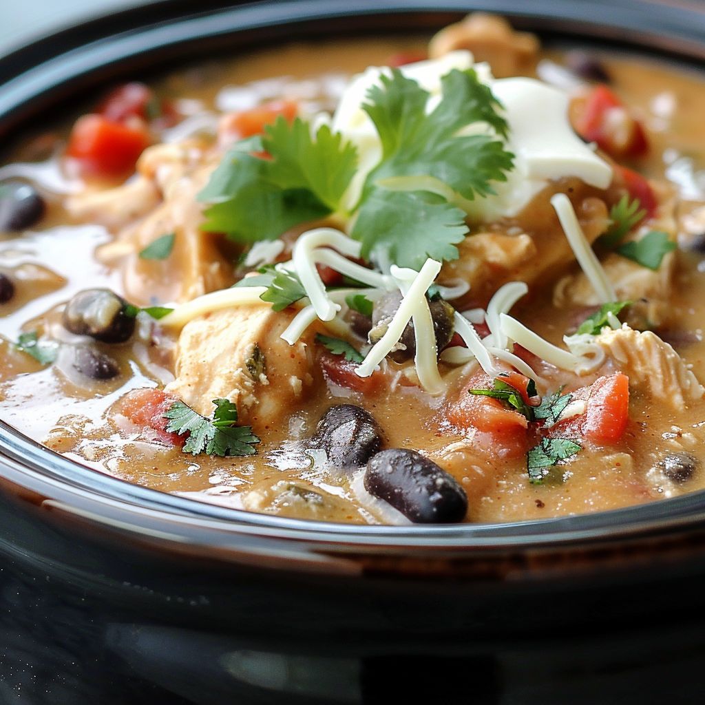 A bowl of creamy chicken chili topped with herbs and diced jalapeños, set on a rustic wooden table.