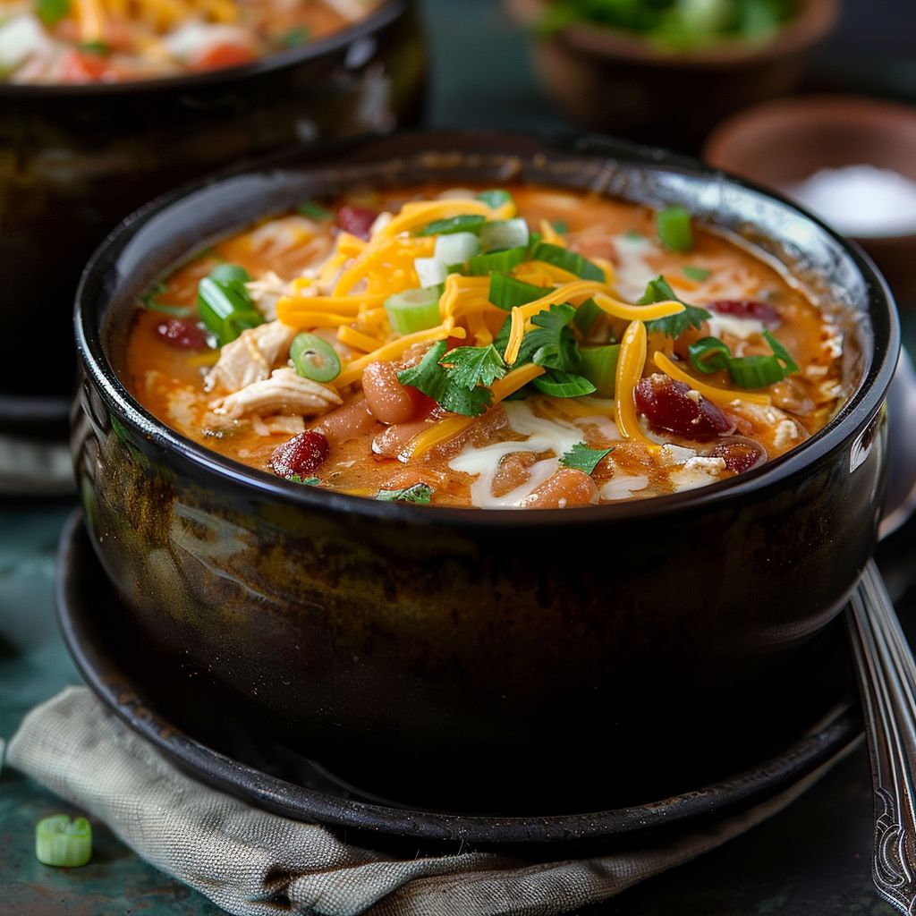 A bowl of creamy chicken chili garnished with green onions and cilantro.