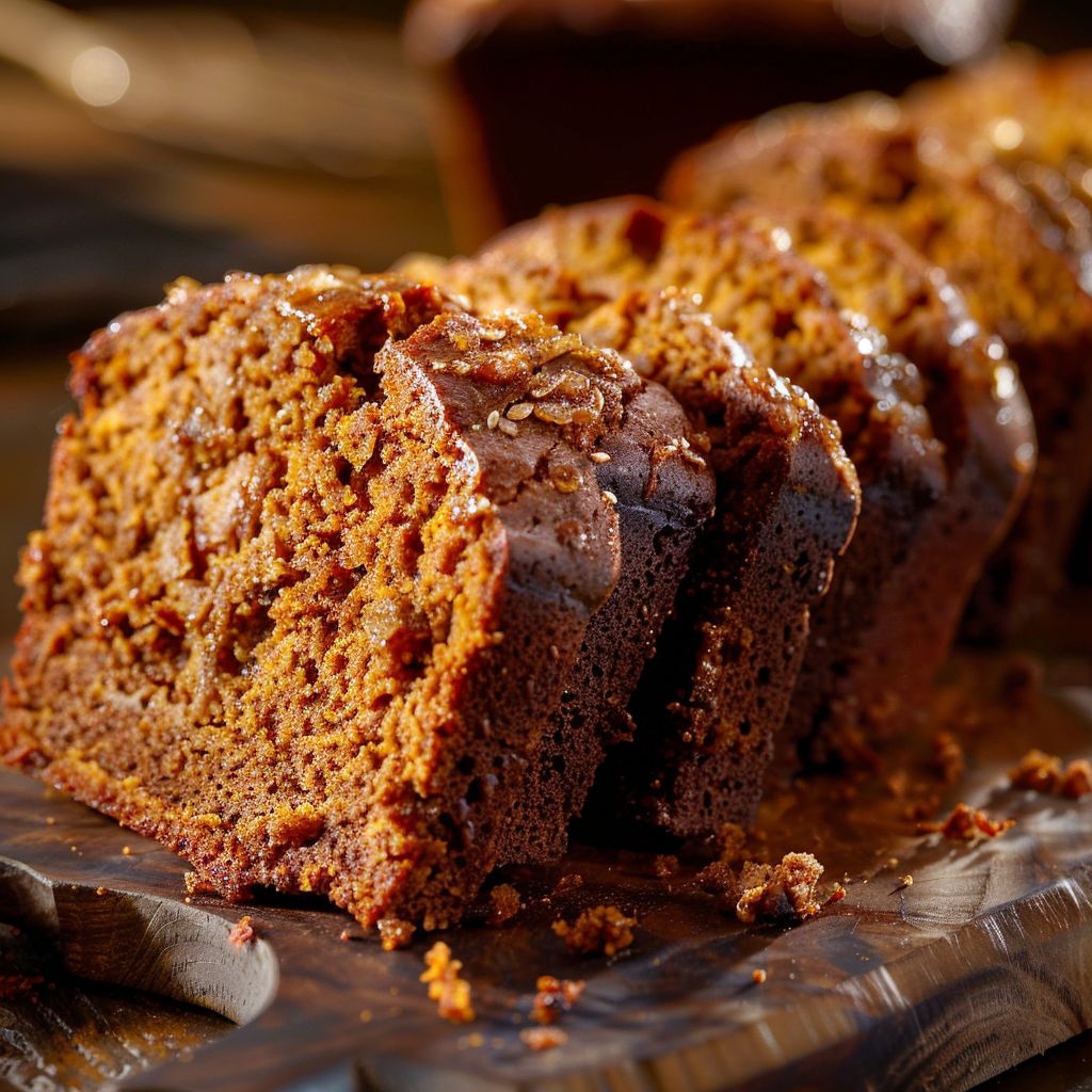 A loaf of rich brown butter pumpkin bread topped with salted maple glaze, displayed on a wooden cutting board.