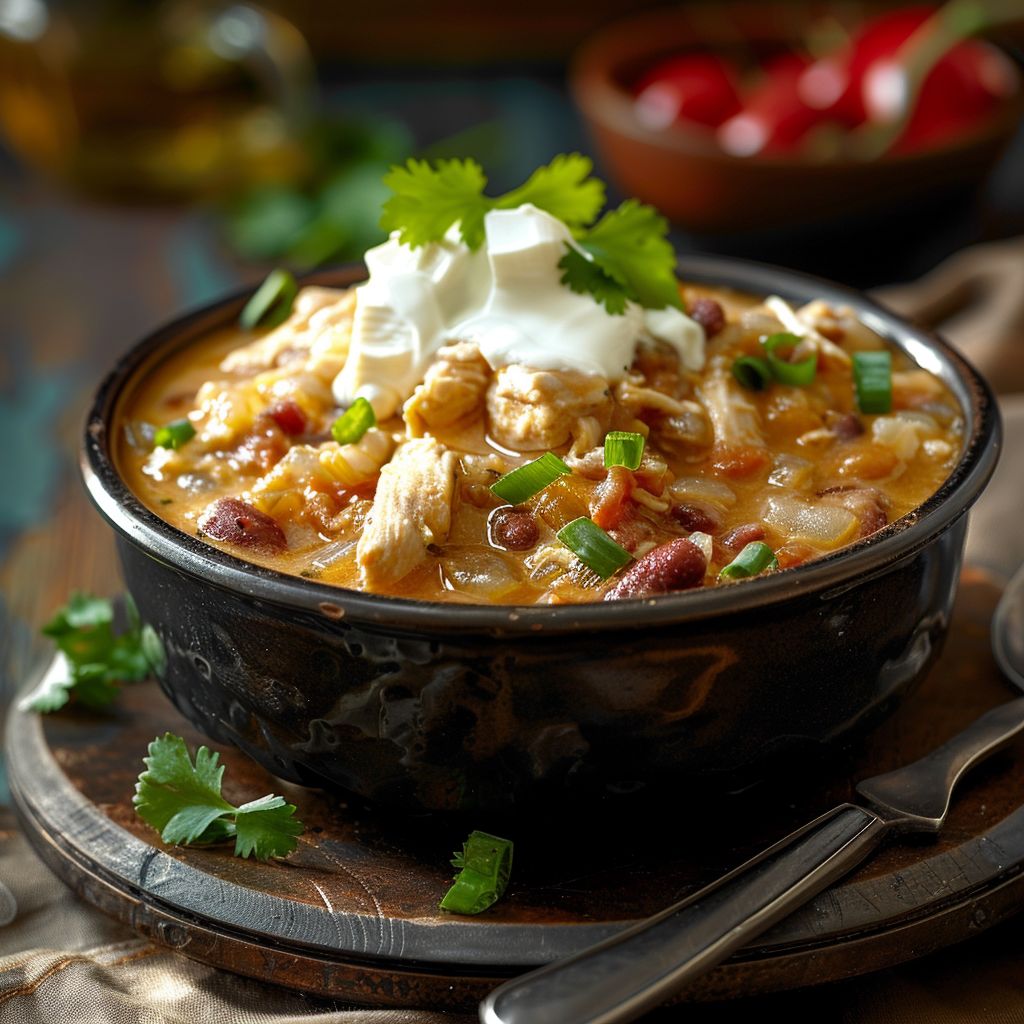 A bowl of creamy chicken chili garnished with cilantro and slices of jalapeño.