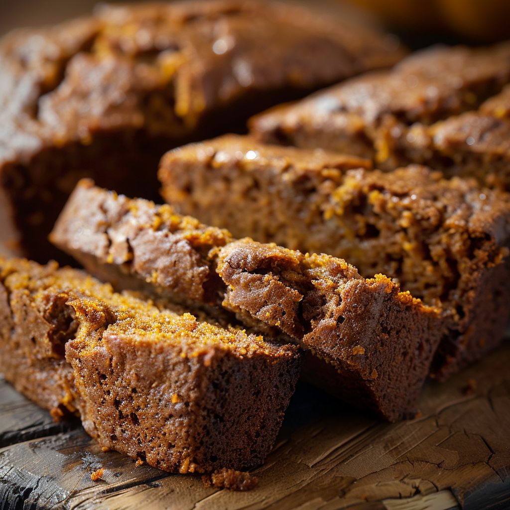 A close-up of a freshly baked pumpkin bread sliced on a wooden cutting board.