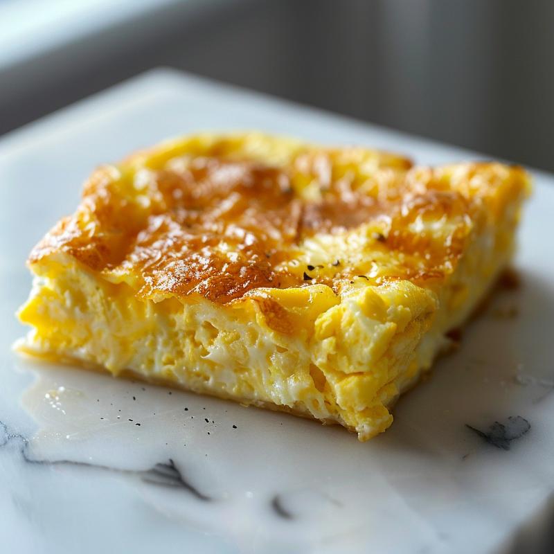 A close-up view of a golden-brown egg casserole slice on a white marble surface.