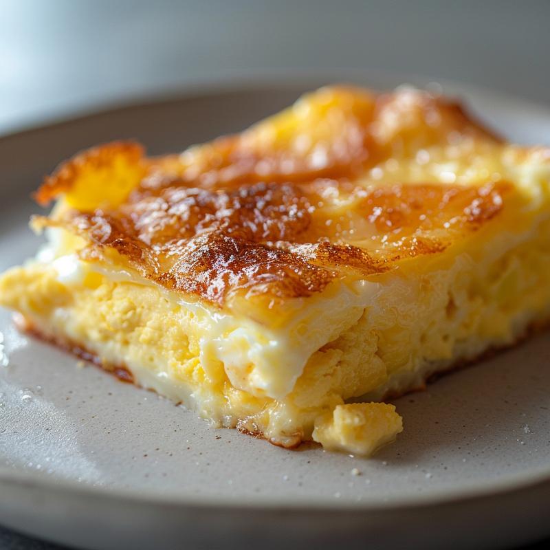 A close-up view of a delicious egg casserole on a light grey plate, showcasing its texture.