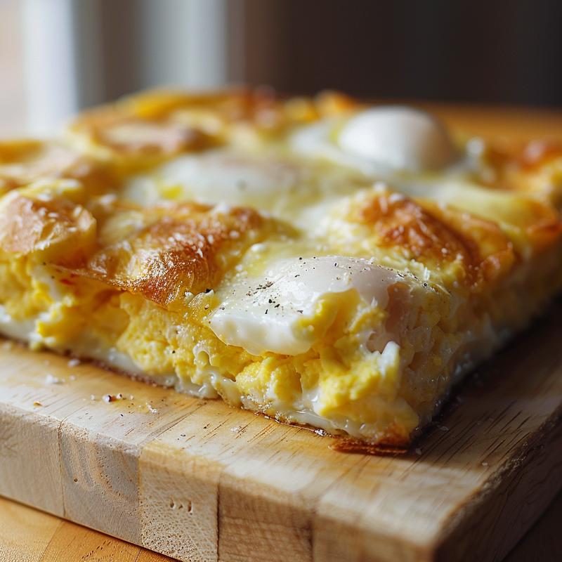 Close-up of a golden brown egg casserole on a light wood board.