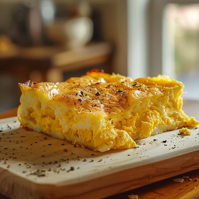 Close-up of a delicious slice of egg casserole on a wooden board.