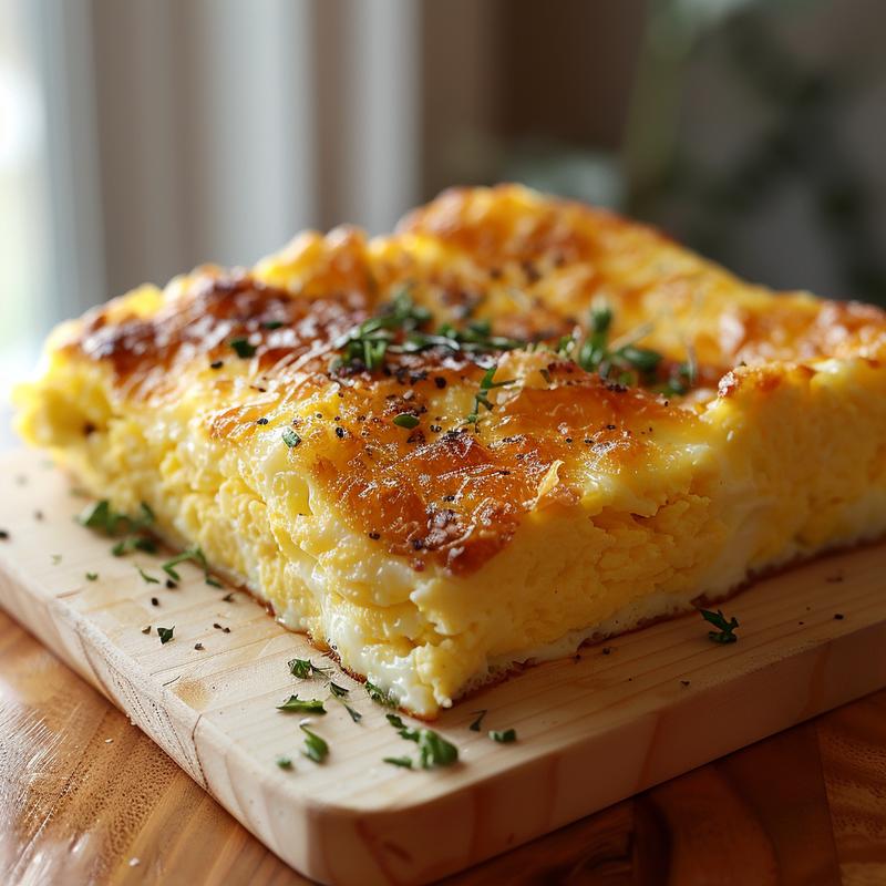 Close-up of a slice of egg casserole on a light wood board, showcasing rich textures and ingredients.