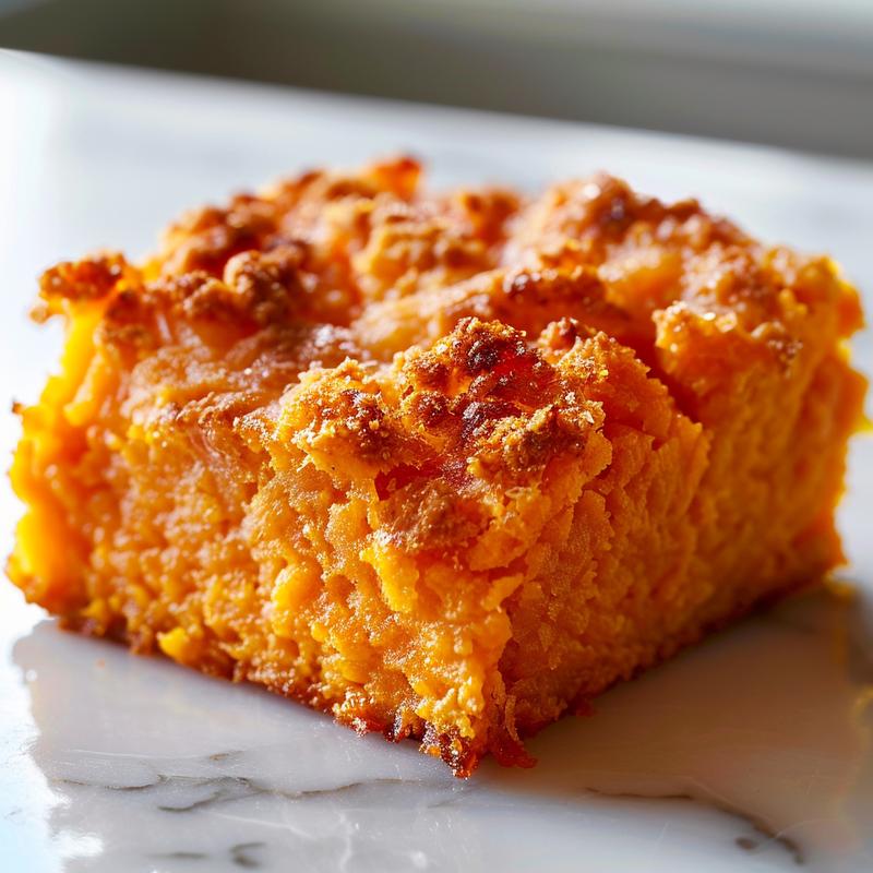 Close-up view of a portion of southern sweet potato casserole on a white marble surface.