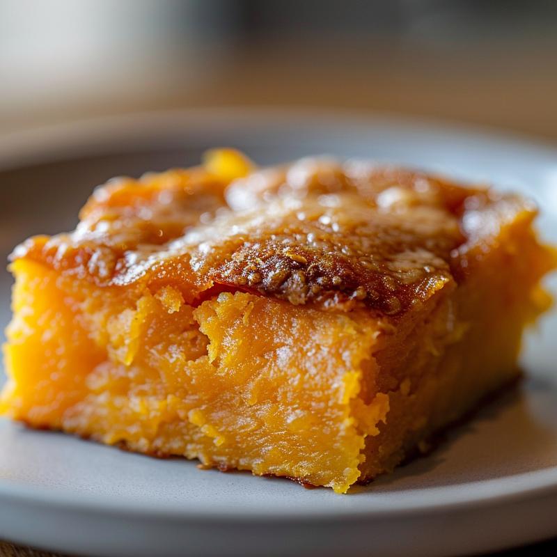Close-up of a portion of southern sweet potato casserole on a light grey plate.