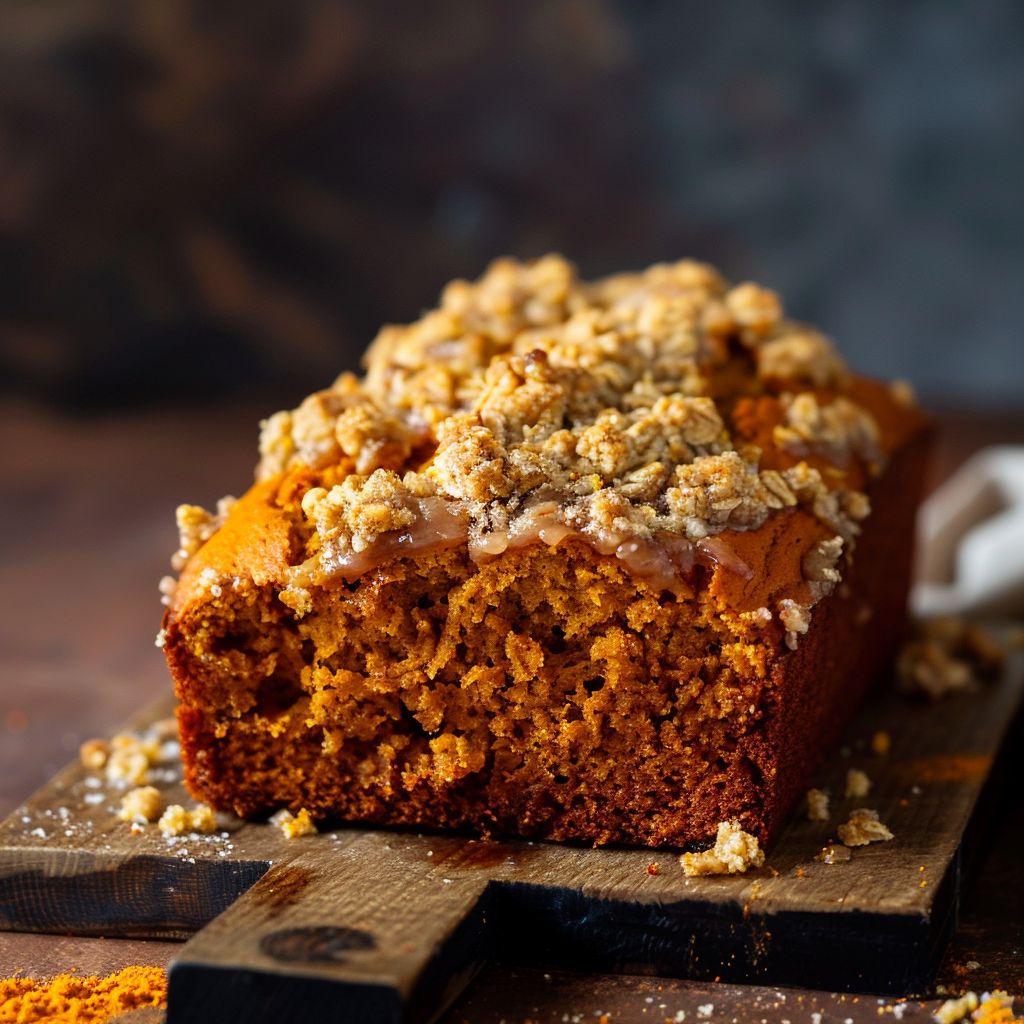 A loaf of pumpkin bread topped with a crumbly streusel on a wooden surface.