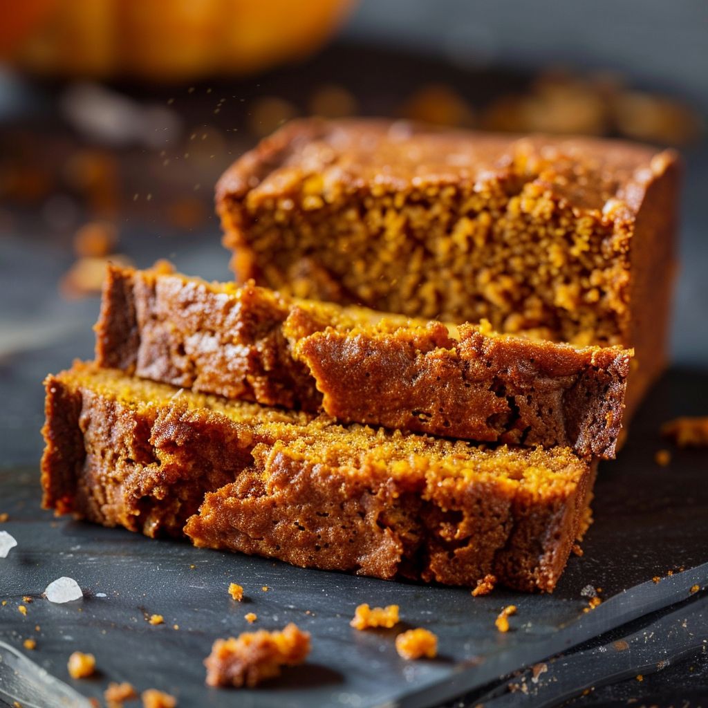 A freshly baked loaf of pumpkin bread with a crumbly streusel topping on a wooden cutting board.