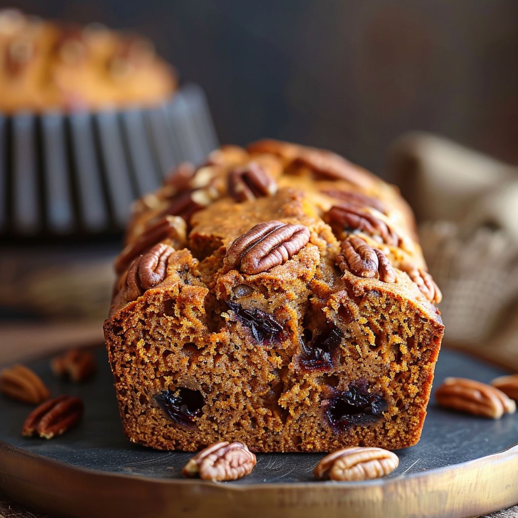 A slice of warm cranberry pecan pumpkin bread on a wooden board, surrounded by scattered pecans and cranberries.