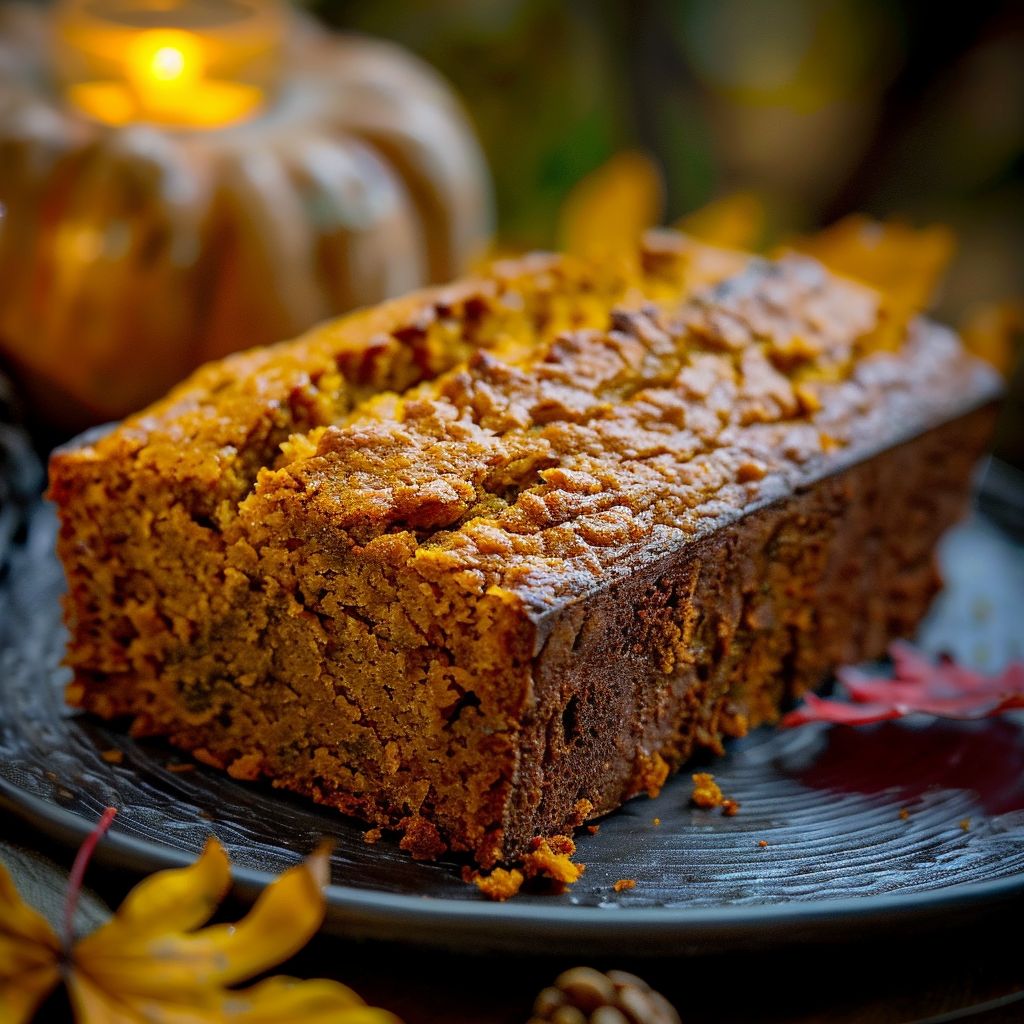 A close-up view of a freshly baked pumpkin bread loaf, showcasing its golden crust and moist interior.