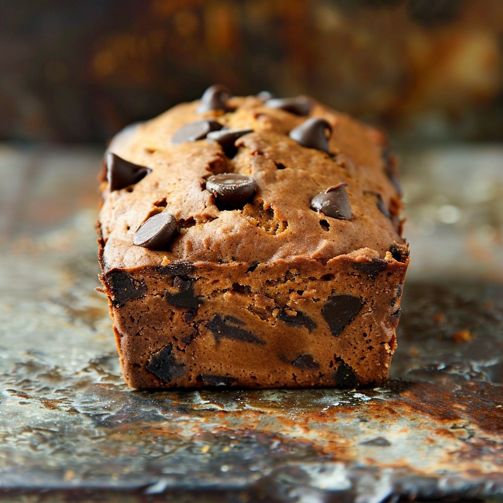 Freshly baked Pumpkin Chocolate Chip Bread on a wooden table, showcasing chocolate chips and a soft texture.