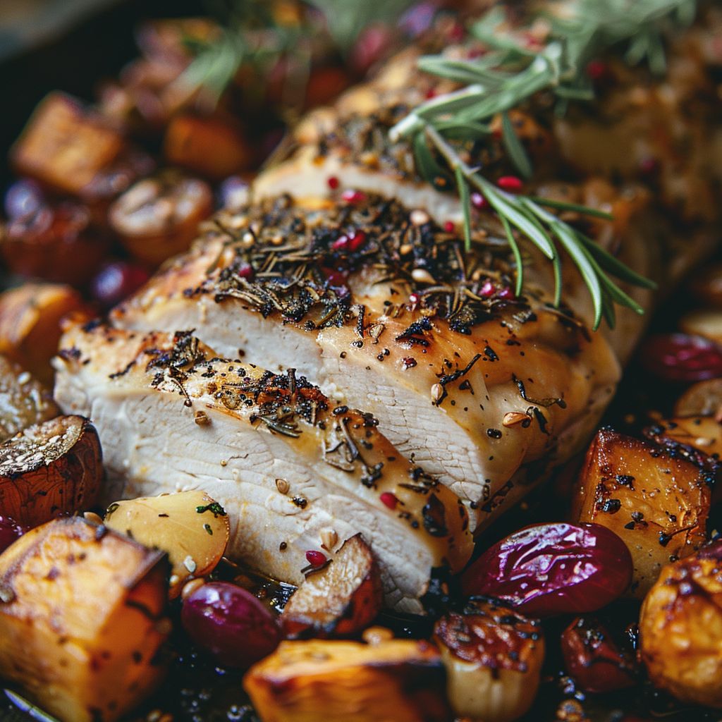 A beautifully arranged plate of high-protein fall dinner, featuring roasted chicken and seasonal vegetables.