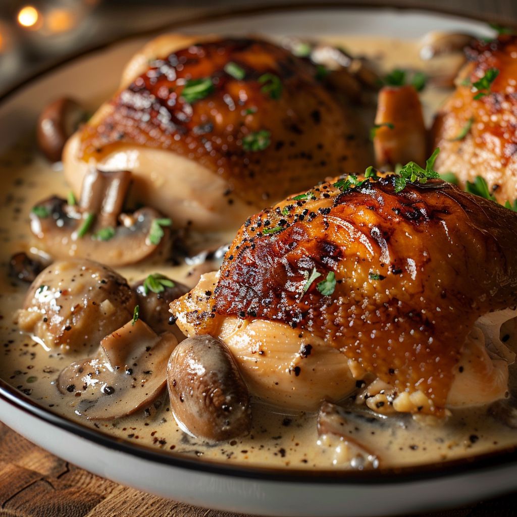 A creamy mushroom chicken dish served with fluffy mashed potatoes on a rustic wooden table.