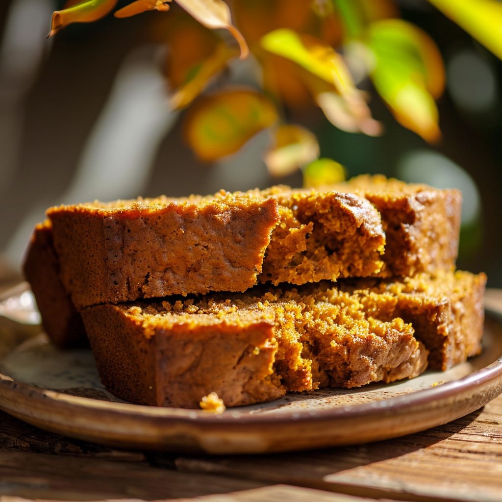A freshly baked loaf of pumpkin bread on a textured surface with warm lighting.