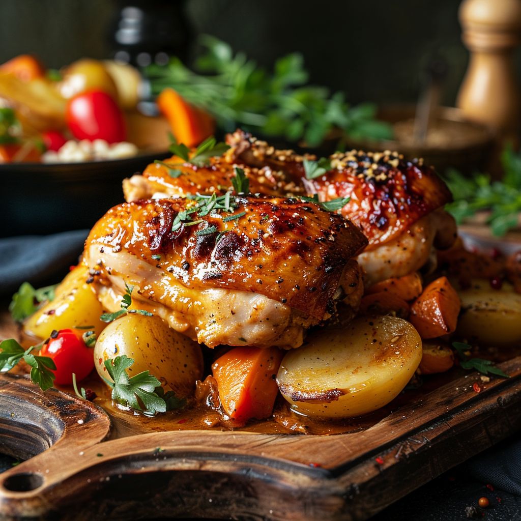 A beautifully arranged plate featuring roasted chicken with autumn vegetables, herbs, and a warm ambiance.