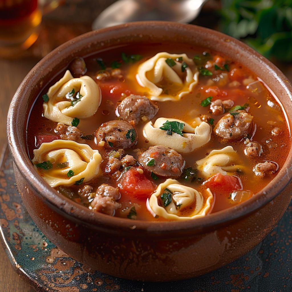 A steaming bowl of sausage tortellini soup garnished with fresh spinach on a rustic wooden table.