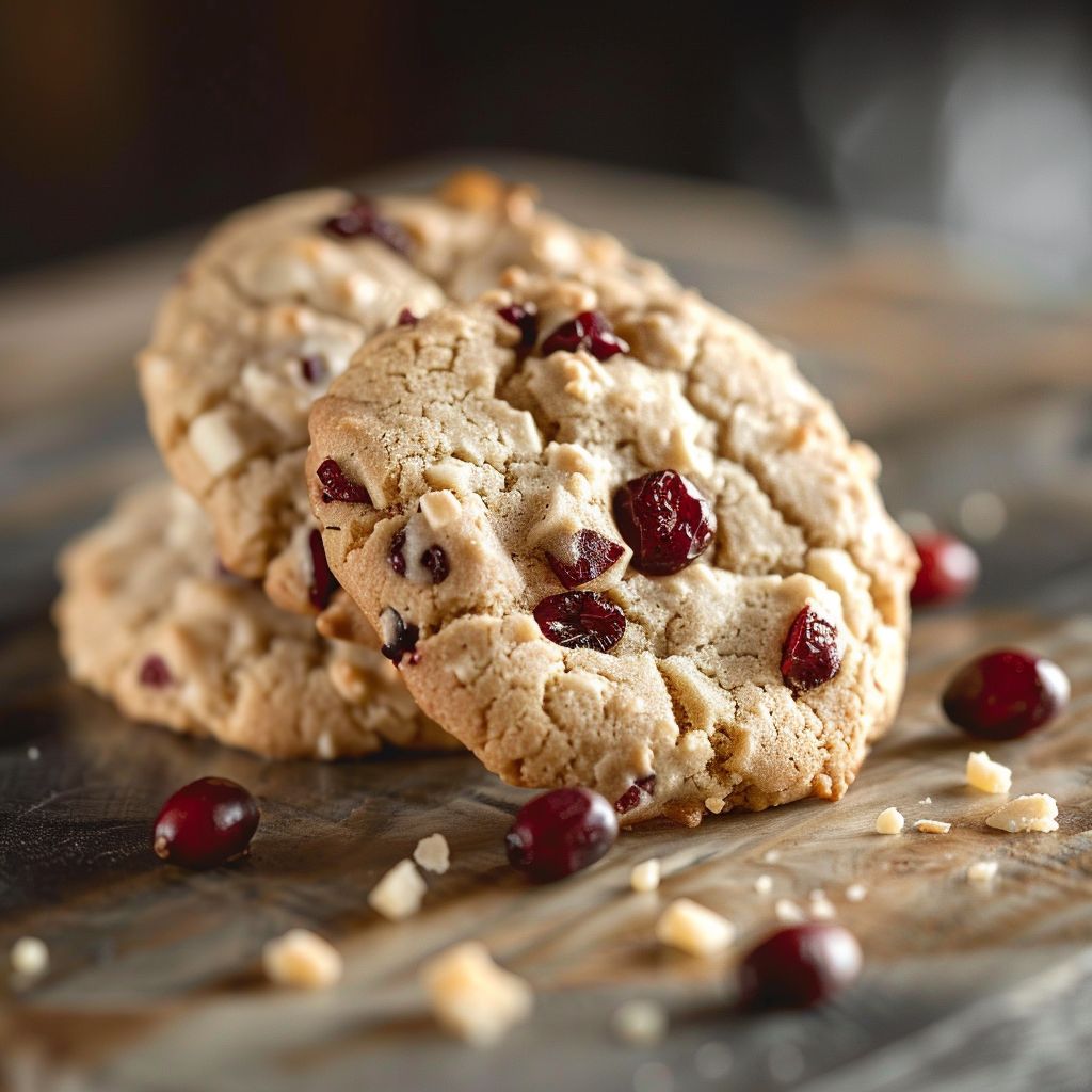 A stack of soft White Chocolate Cranberry Cookies with a few broken pieces revealing gooey chocolate inside.