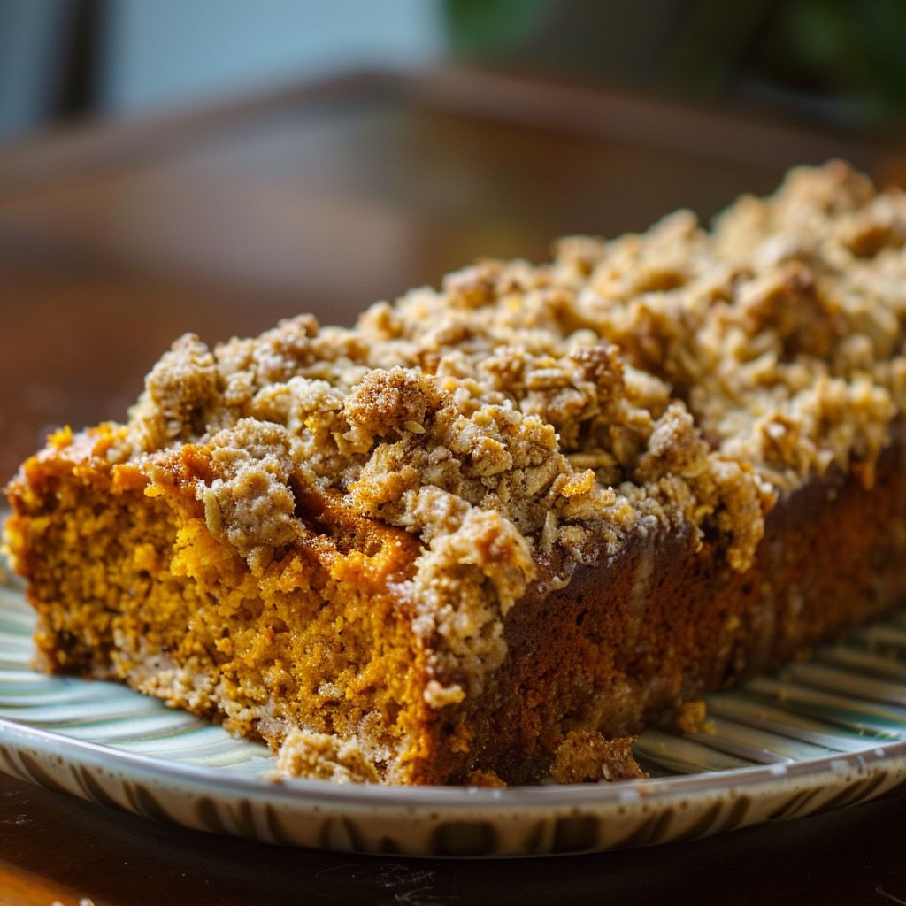A close-up of moist pumpkin bread topped with a crumbly streusel, set against a blurred background.
