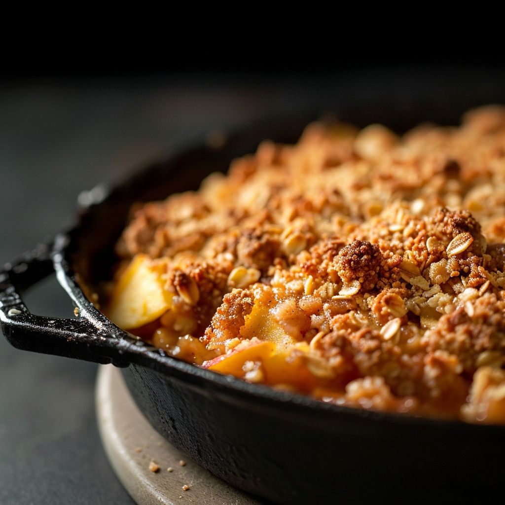 A warm apple crisp dessert topped with a golden brown oat crumble in a rustic bowl.