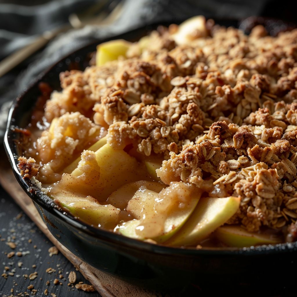 A close-up of a classic apple crisp dessert topped with a golden brown crust and a scoop of vanilla ice cream.