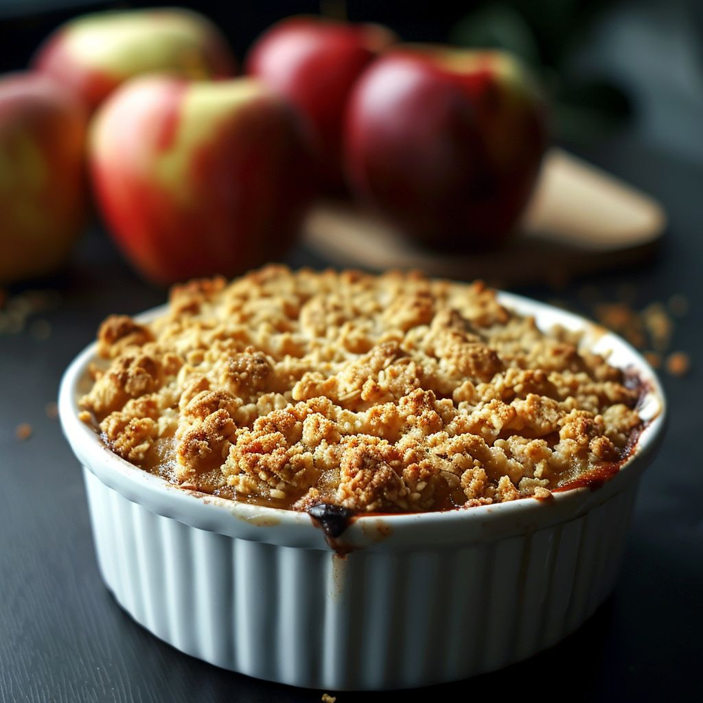 A freshly baked classic apple crumble in a rustic dish, topped with golden-brown crumble.